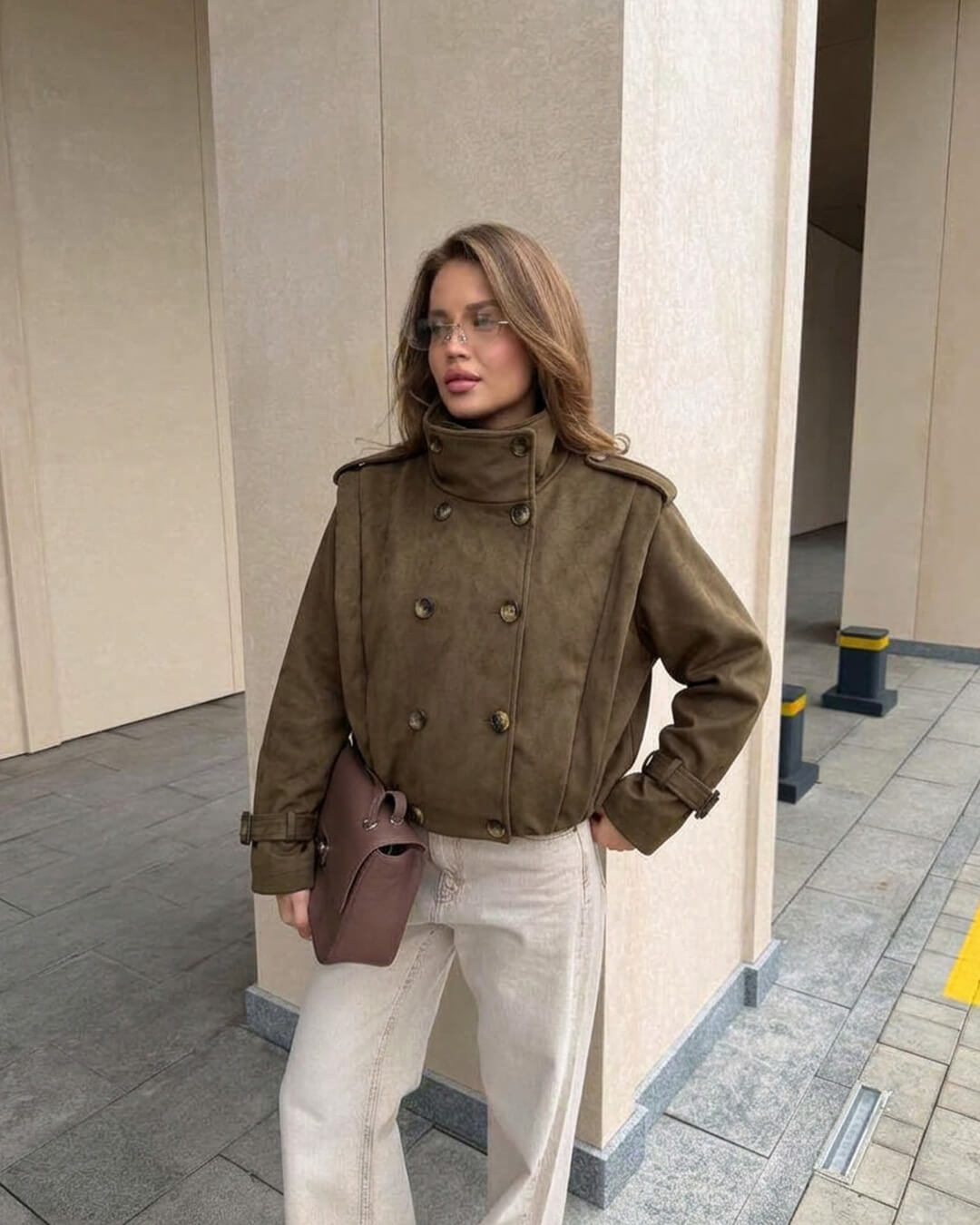 OLANE Double-Breasted Retro Faux Suede Cropped Trench XSJacket
