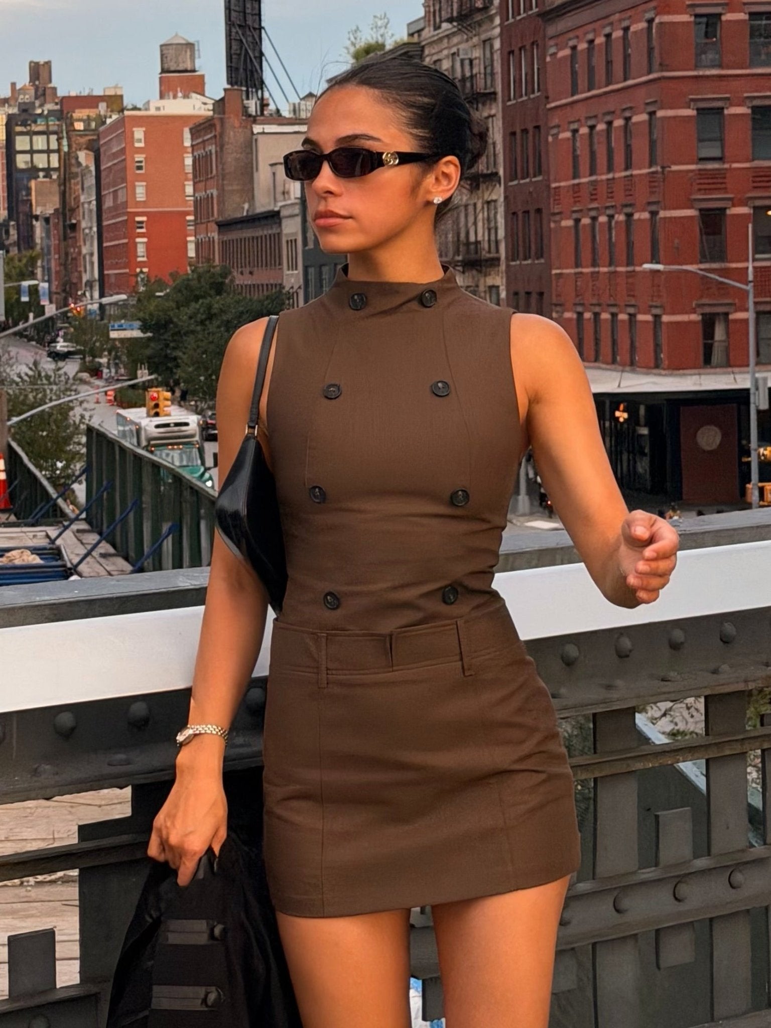 OLANE Double-Breasted Sleeveless Mini Dress BrownSDress