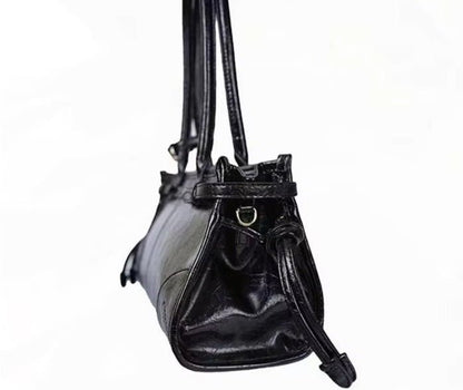 OLANE Edelle Leather Shoulder Bag with Belt Detail BlackHandbags