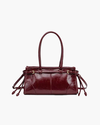 OLANE Edelle Leather Shoulder Bag with Belt Detail Dark RedHandbags
