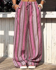Elastic Waist Wide-Leg Striped Pants