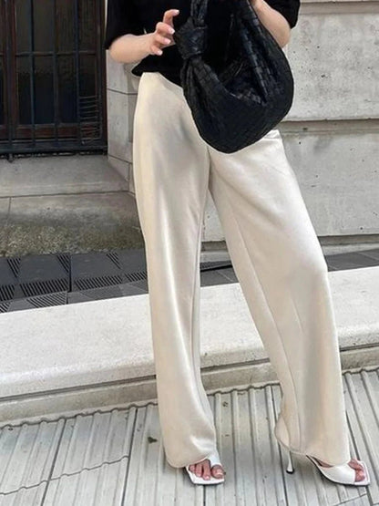 OLANE Elastic Waistband Wide Leg Satin Trousers BlackMWomen's Bottoms