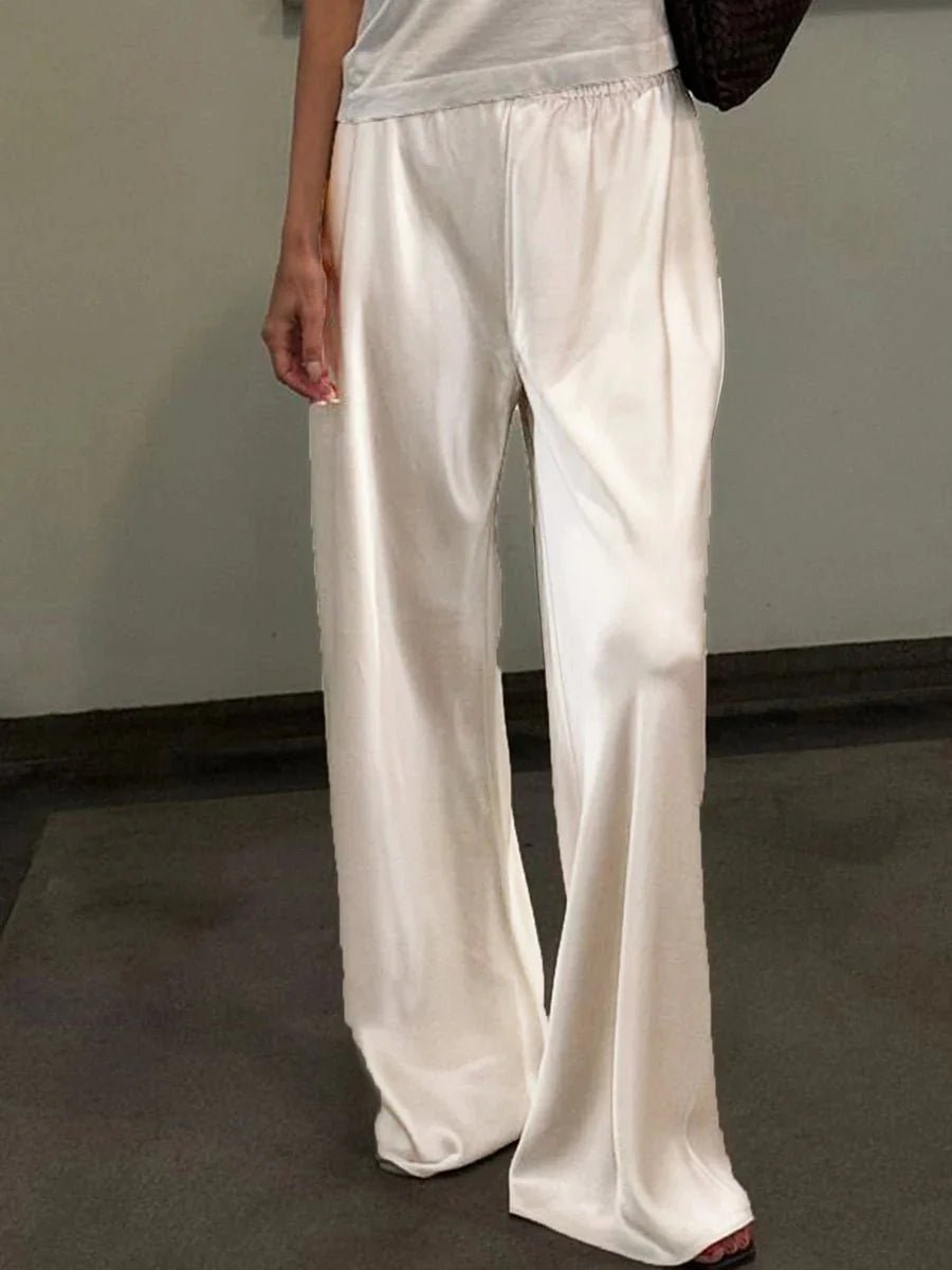 OLANE Elastic Waistband Wide Leg Satin Trousers BlackMWomen's Bottoms
