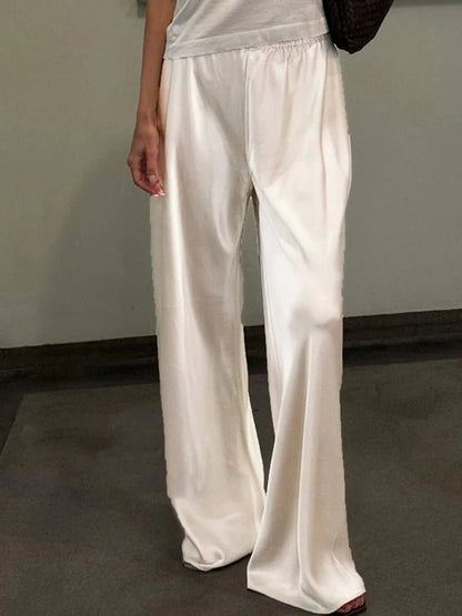 OLANE Elastic Waistband Wide Leg Satin Trousers BlackMWomen's Bottoms