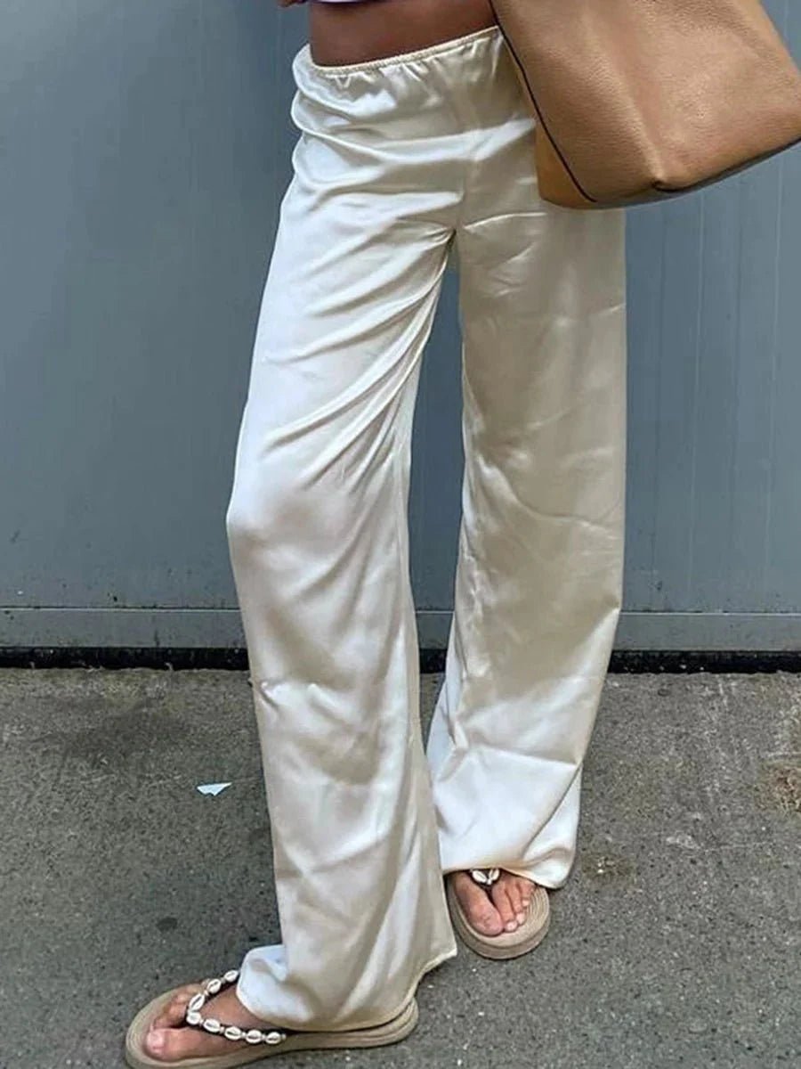 OLANE Elastic Waistband Wide Leg Satin Trousers BlackMWomen's Bottoms