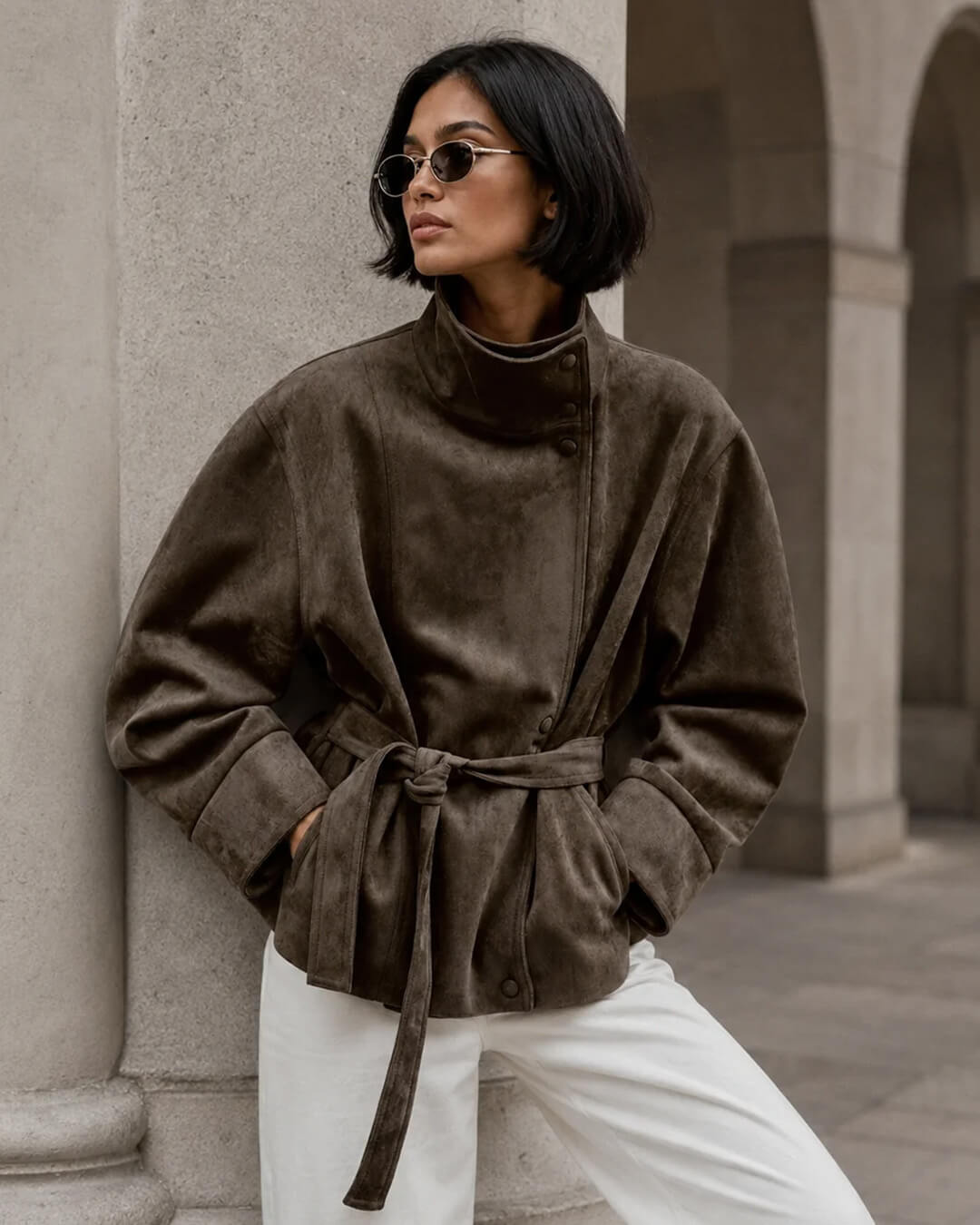OLANE Elegant Belted Lace-Up Suede Jacket BrownXSJacket