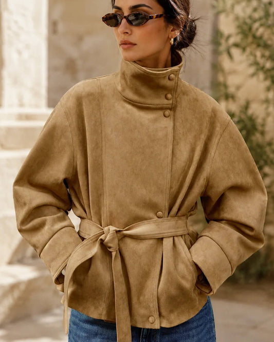 OLANE Elegant Belted Lace-Up Suede Jacket CamelXSJacket