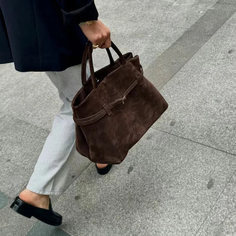 OLANE Elegant Frosted Suede Tote Bag Dark BrownWomen's Handbags