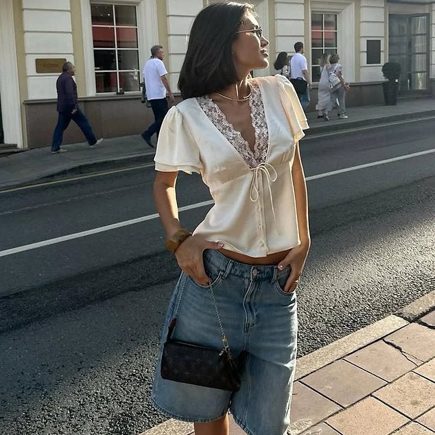 OLANE Elegant Lace Silk Blouse BeigeLWomen's Tops