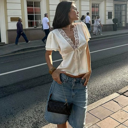 OLANE Elegant Lace Silk Blouse BeigeLWomen's Tops