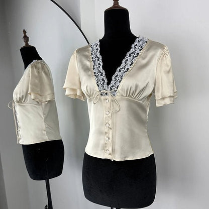 OLANE Elegant Lace Silk Blouse BeigeLWomen's Tops