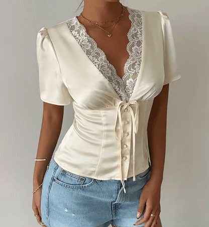 OLANE Elegant Lace Silk Blouse BeigeMWomen's Tops
