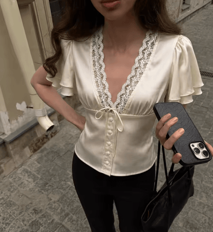 OLANE Elegant Lace Silk Blouse BeigeSWomen's Tops