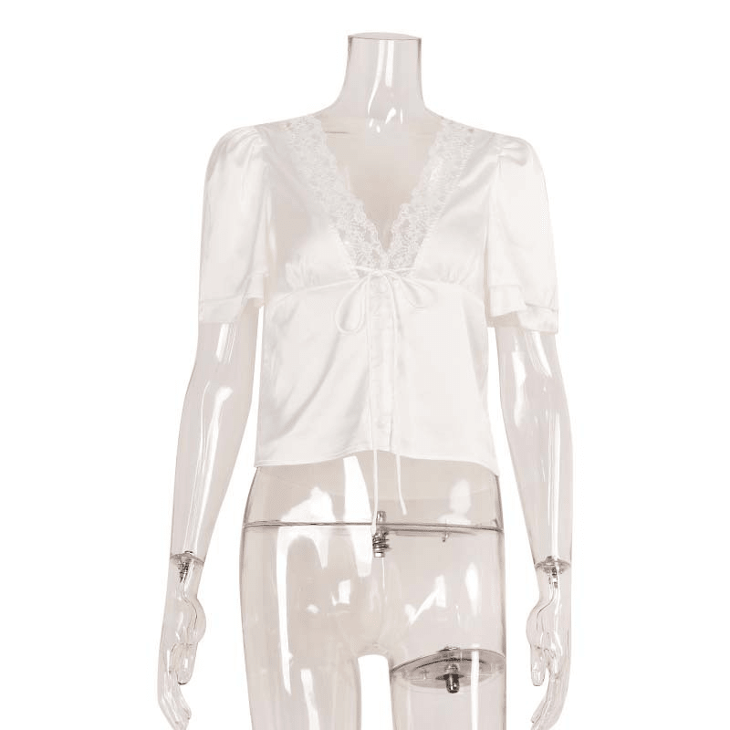 OLANE Elegant Lace Silk Blouse BlackSWomen's Tops