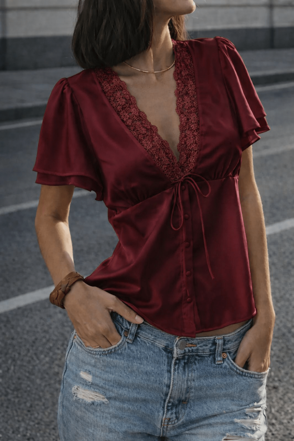 OLANE Elegant Lace Silk Blouse BurgundyMWomen's Tops