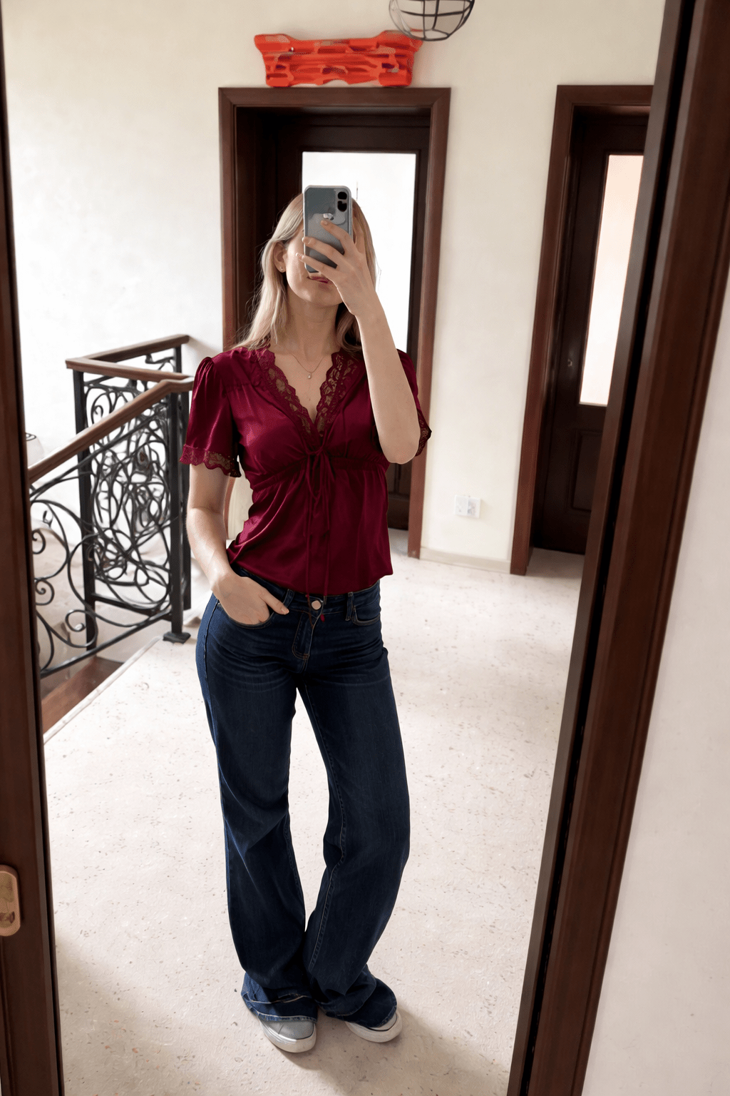 OLANE Elegant Lace Silk Blouse BurgundySWomen's Tops