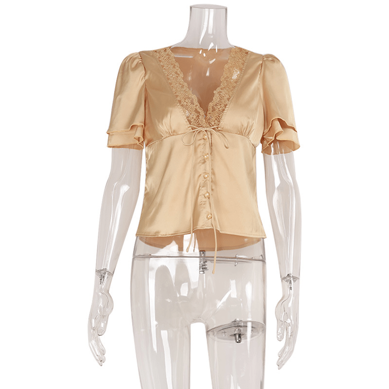 OLANE Elegant Lace Silk Blouse ChampagneSWomen's Tops