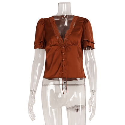 OLANE Elegant Lace Silk Blouse Rust OrangeSWomen's Tops