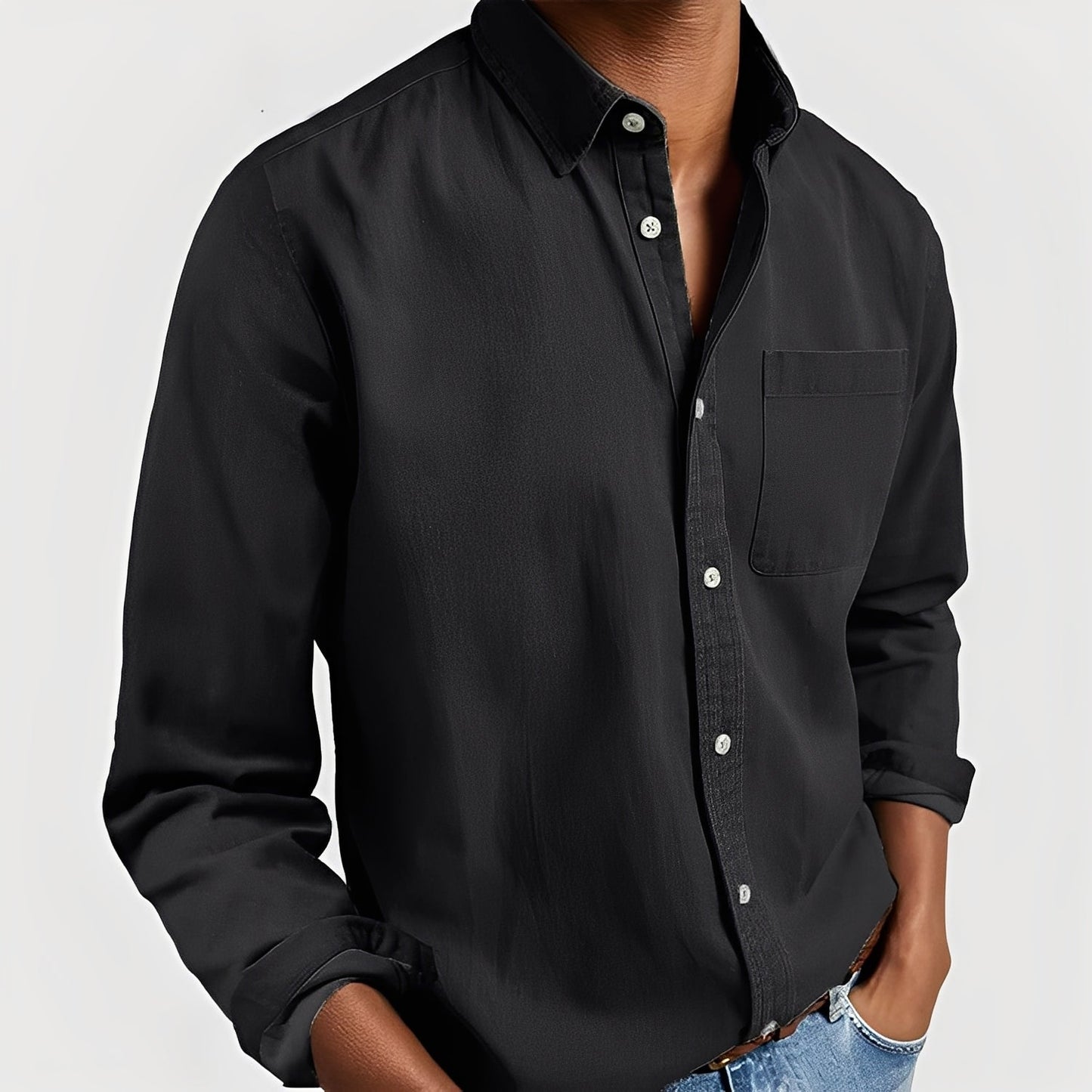 OLANE Elegant Long - Sleeve Button - Up Shirt BlackSMen's Tops