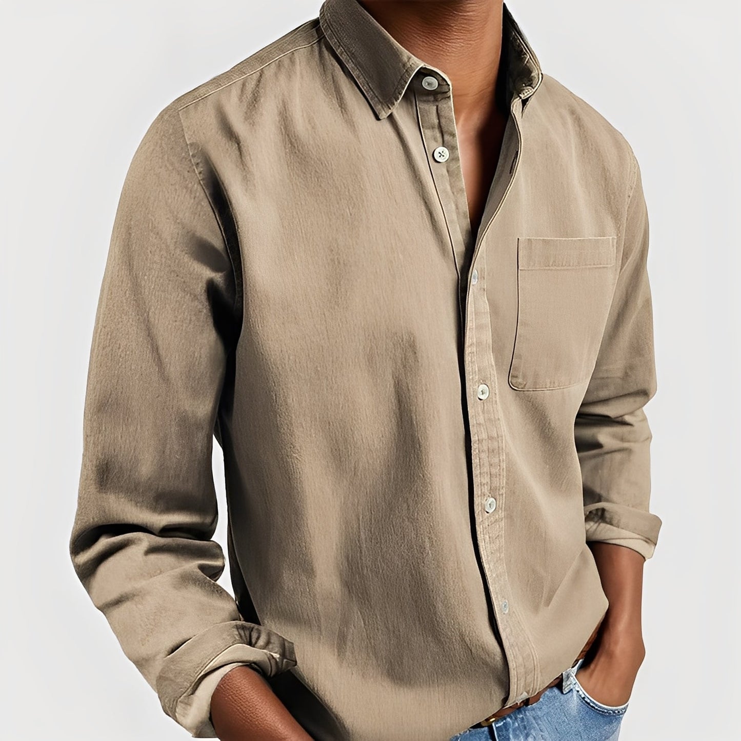 OLANE Elegant Long - Sleeve Button - Up Shirt KhakiSMen's Tops