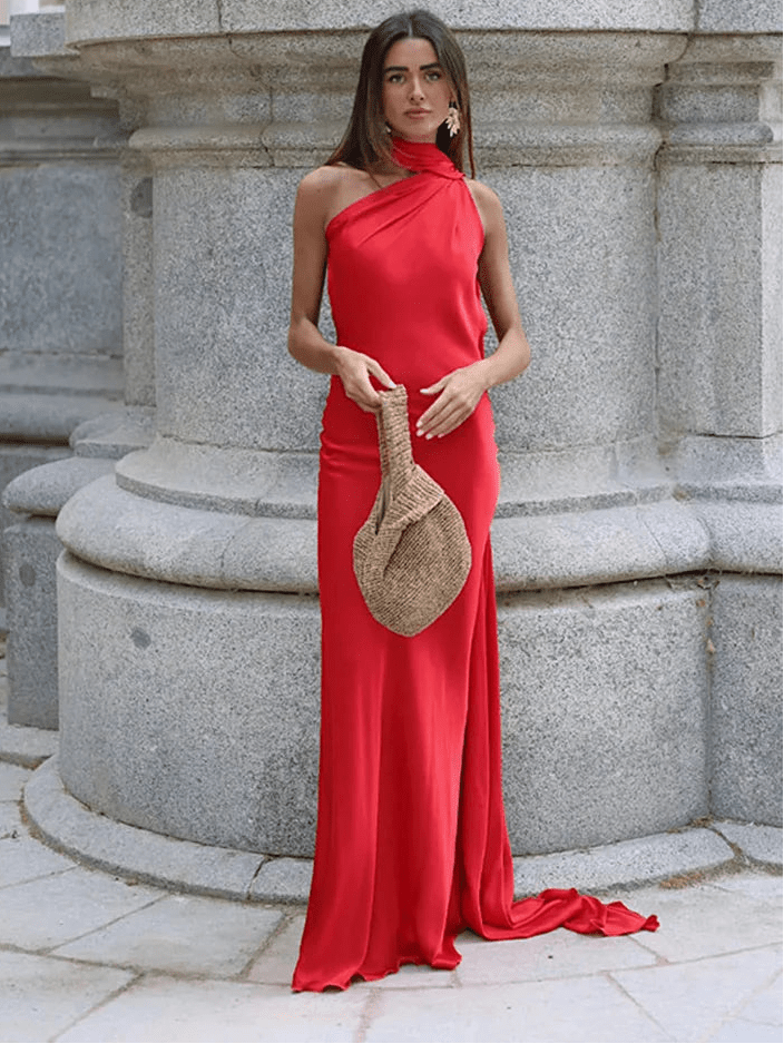 OLANE Elegant Satin Halter Cape Dress OrangeSWomen's Dresses