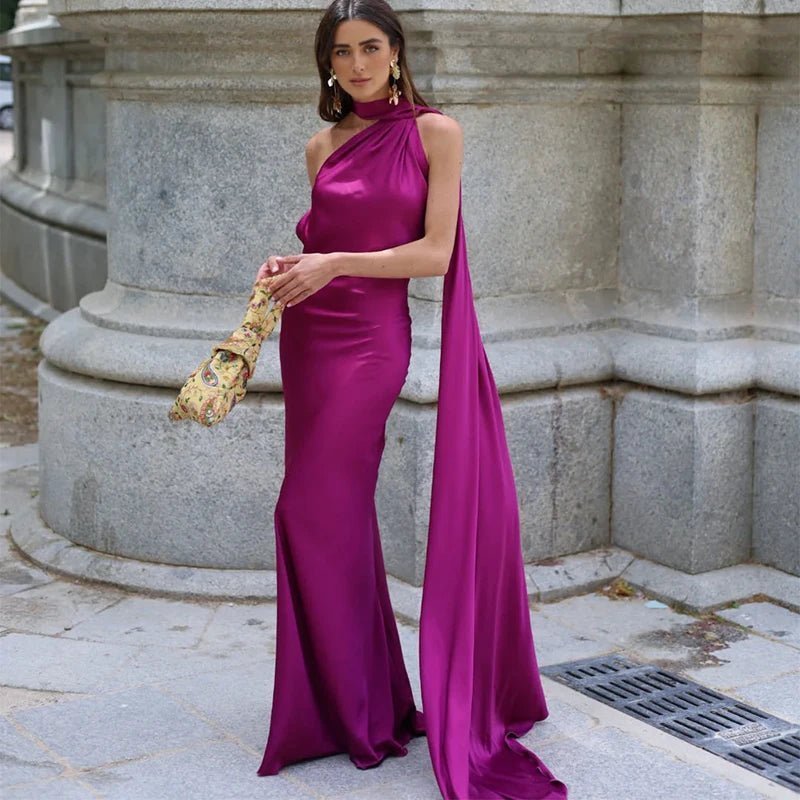 OLANE Elegant Satin Halter Cape Dress PurpleSWomen's Dresses