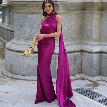 OLANE Elegant Satin Halter Cape Dress PurpleSWomen's Dresses