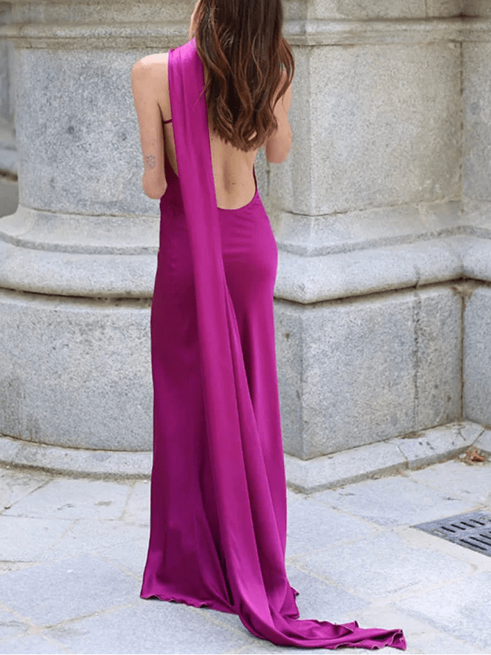 OLANE Elegant Satin Halter Cape Dress PurpleSWomen's Dresses