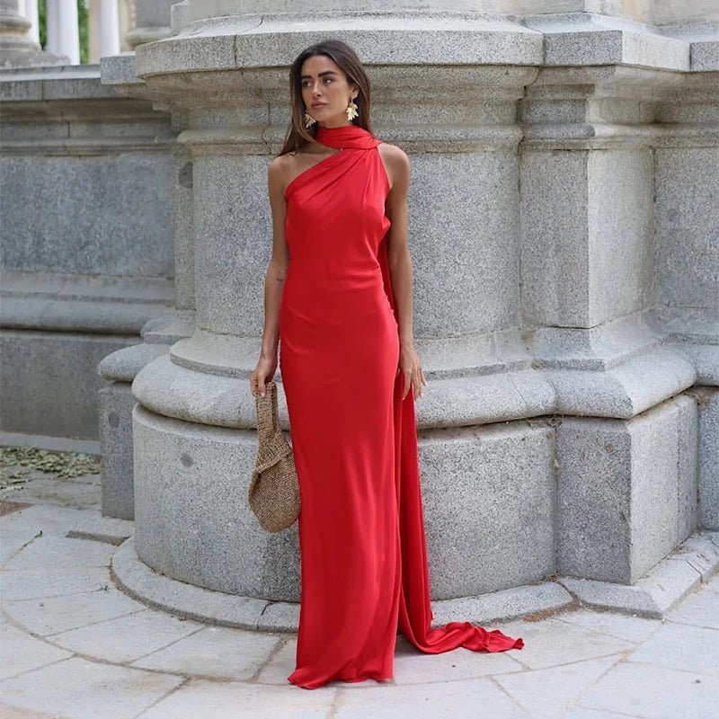 OLANE Elegant Satin Halter Cape Dress PurpleSWomen's Dresses