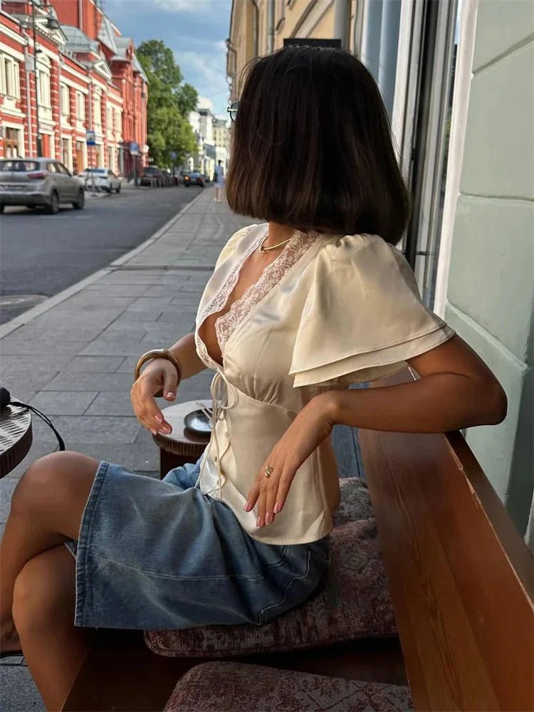 OLANE Elegant Satin Lace Trim Blouse BeigeSWomen's Tops