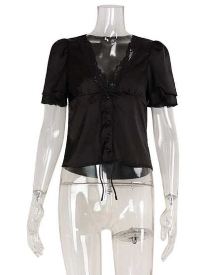 OLANE Elegant Satin Lace Trim Blouse BlackSWomen's Tops