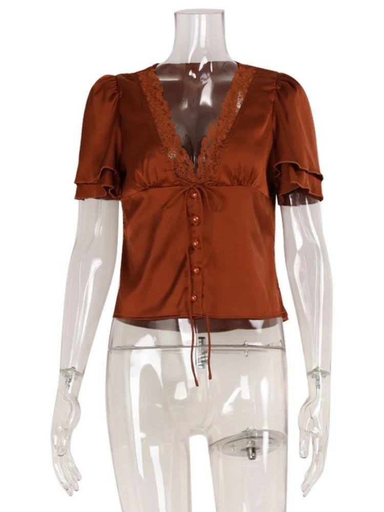 OLANE Elegant Satin Lace Trim Blouse Rusty BrownSWomen's Tops