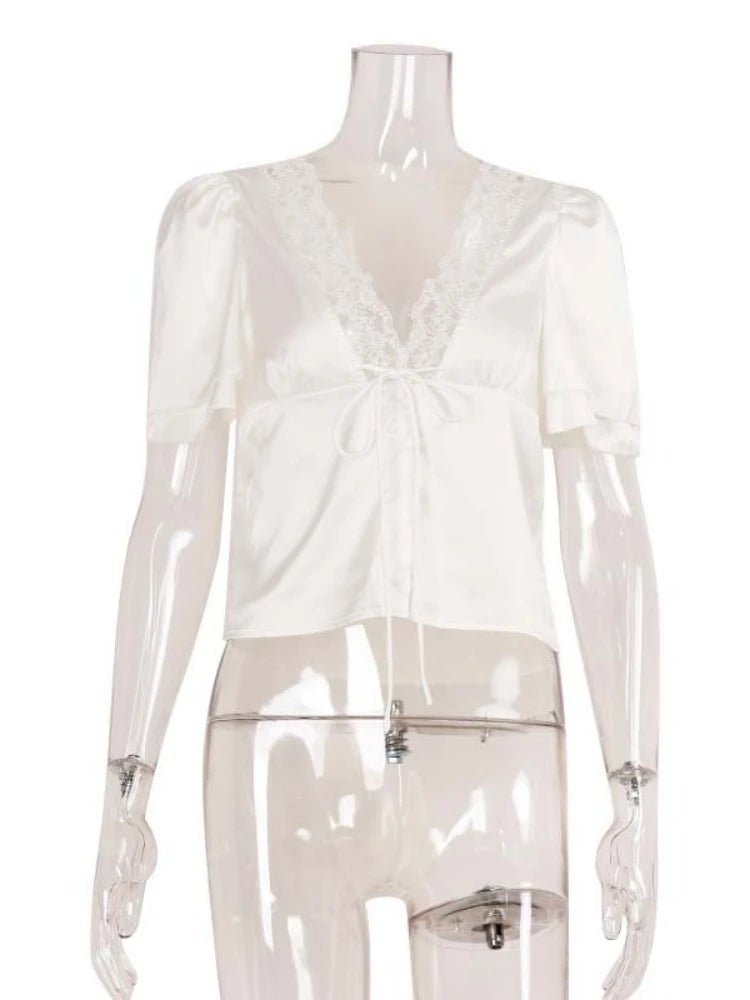 OLANE Elegant Satin Lace Trim Blouse WhiteSWomen's Tops