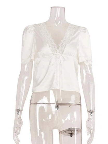 OLANE Elegant Satin Lace Trim Blouse WhiteSWomen's Tops