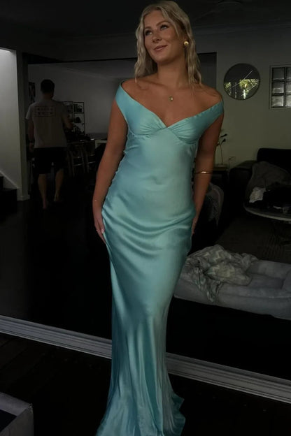 OLANE Elegant Satin Off Shoulder Maxi Dress Navy BlueXSWomen's Dresses