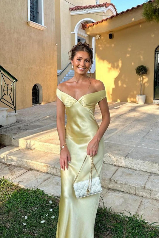 OLANE Elegant Satin Off Shoulder Maxi Dress YellowXSWomen’s Dresses