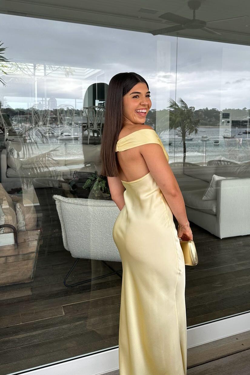 OLANE Elegant Satin Off Shoulder Maxi Dress YellowXSWomen’s Dresses