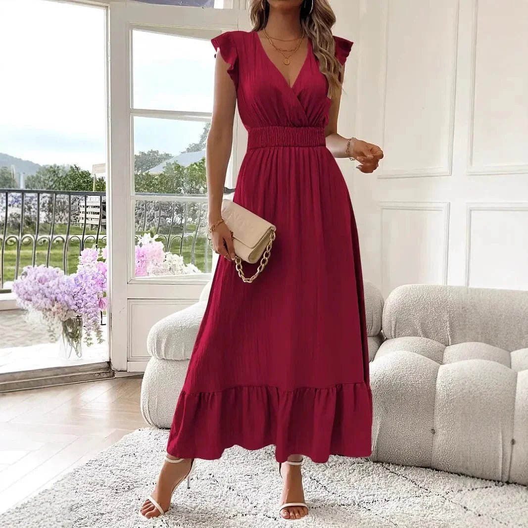 OLANE Elegant V-Neck Ruffle Swing Dress BlackSWomen's Dresses