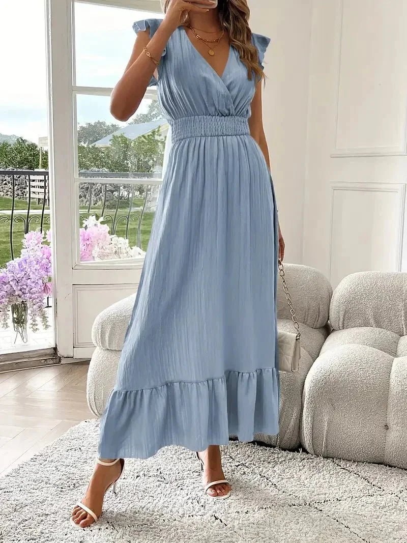 OLANE Elegant V-Neck Ruffle Swing Dress BlackSWomen's Dresses