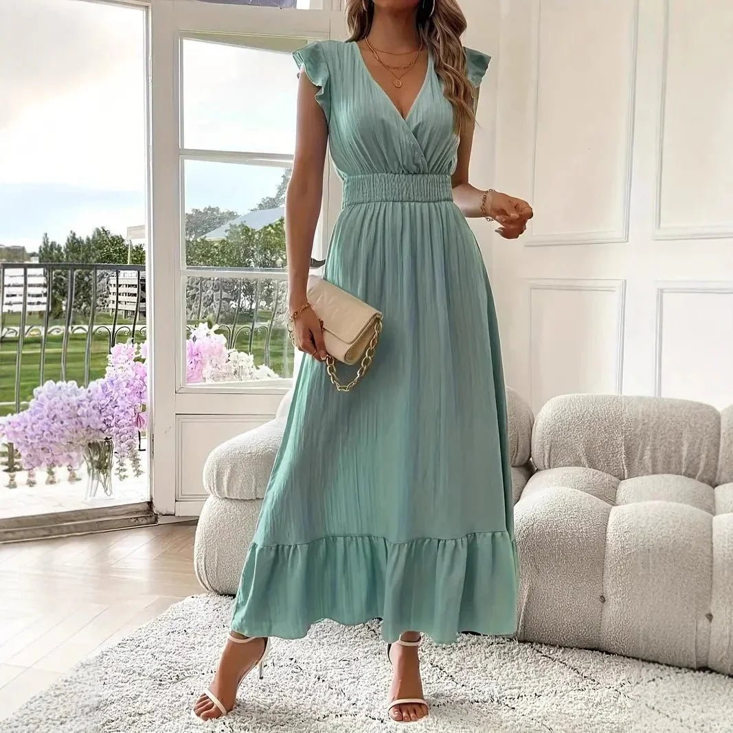 OLANE Elegant V-Neck Ruffle Swing Dress BlackSWomen's Dresses