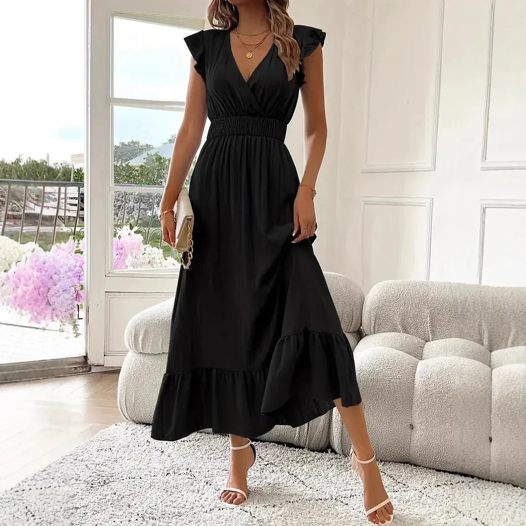 OLANE Elegant V-Neck Ruffle Swing Dress BlackSWomen's Dresses