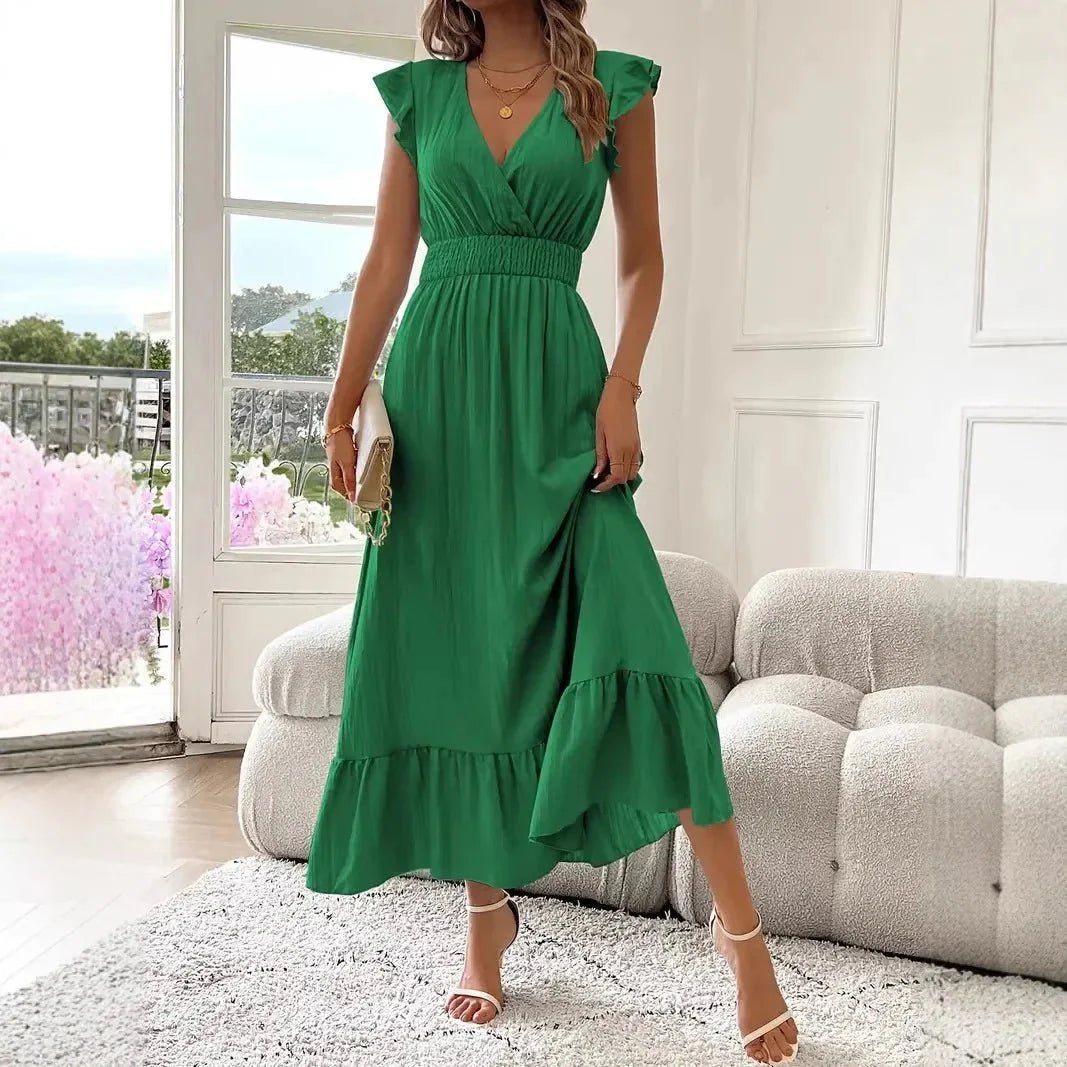 OLANE Elegant V-Neck Ruffle Swing Dress BlackSWomen's Dresses