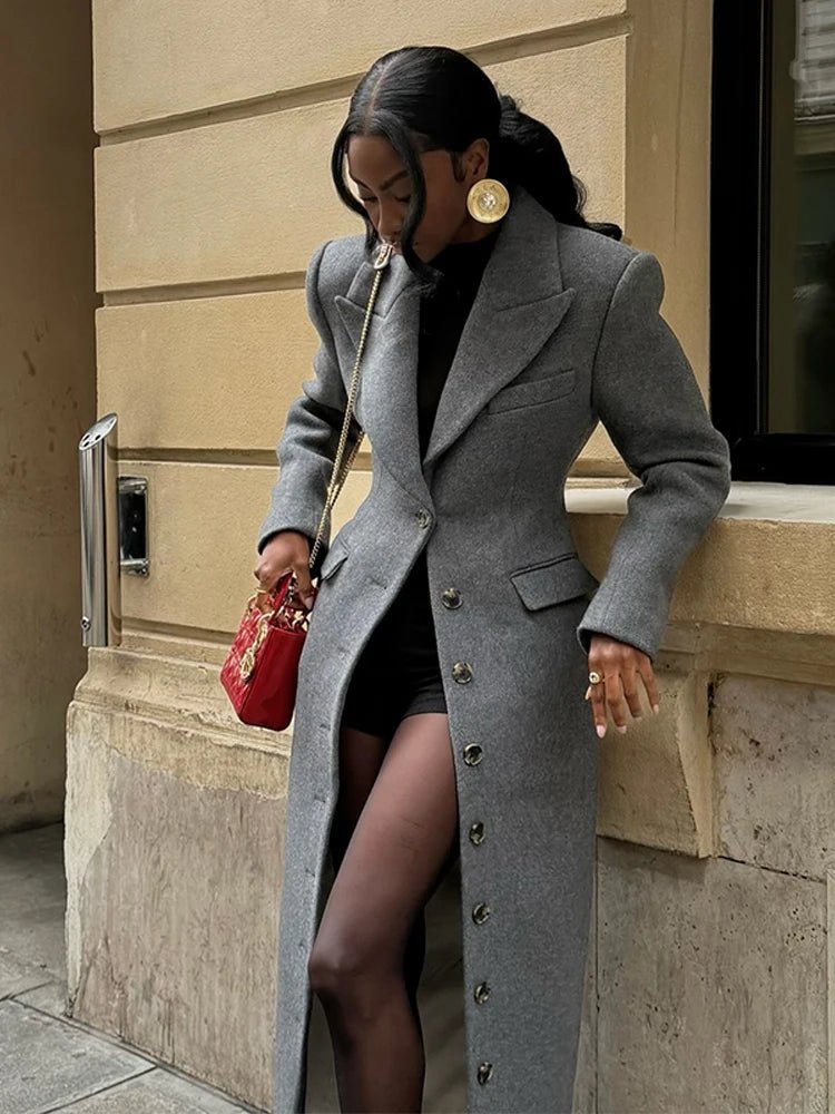 OLANE Erica Cinched Waist Long Coat GreySWomen's Coats & Jackets