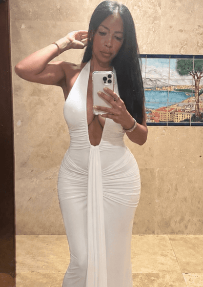 OLANE Evelyn Halter Deep V-Neck Ruched Maxi Dress WhiteMWomen’s Dresses