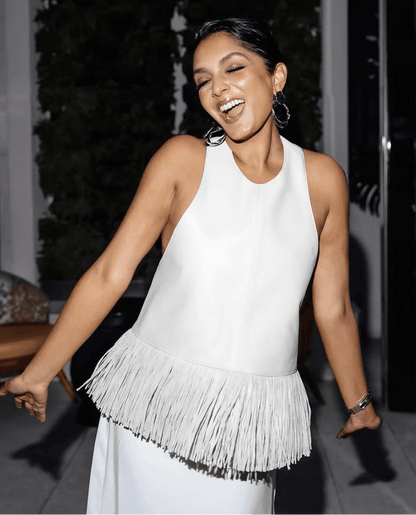 OLANE Faux Leather Fringe Halter Top BurgundySWomen’s Tops