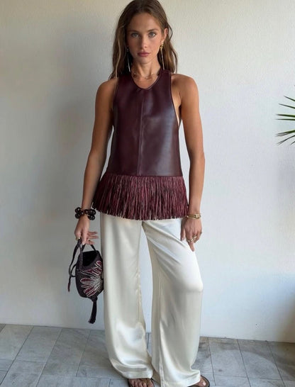 OLANE Faux Leather Fringe Halter Top BurgundySWomen’s Tops
