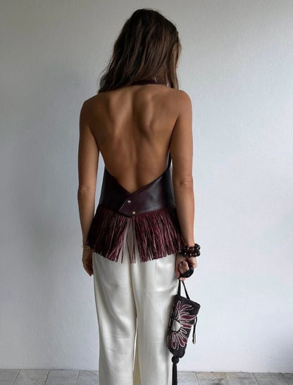 OLANE Faux Leather Fringe Halter Top BurgundySWomen’s Tops