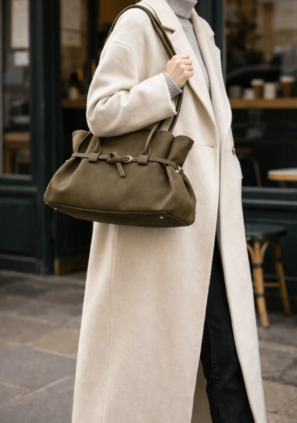 OLANE Faux Suede Belted Tote Bag Olive GreenWomen's Handbags