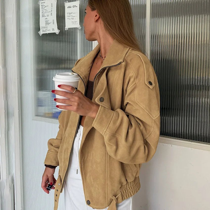OLANE Faux Suede Oversized Bomber Jacket CamelMJacket