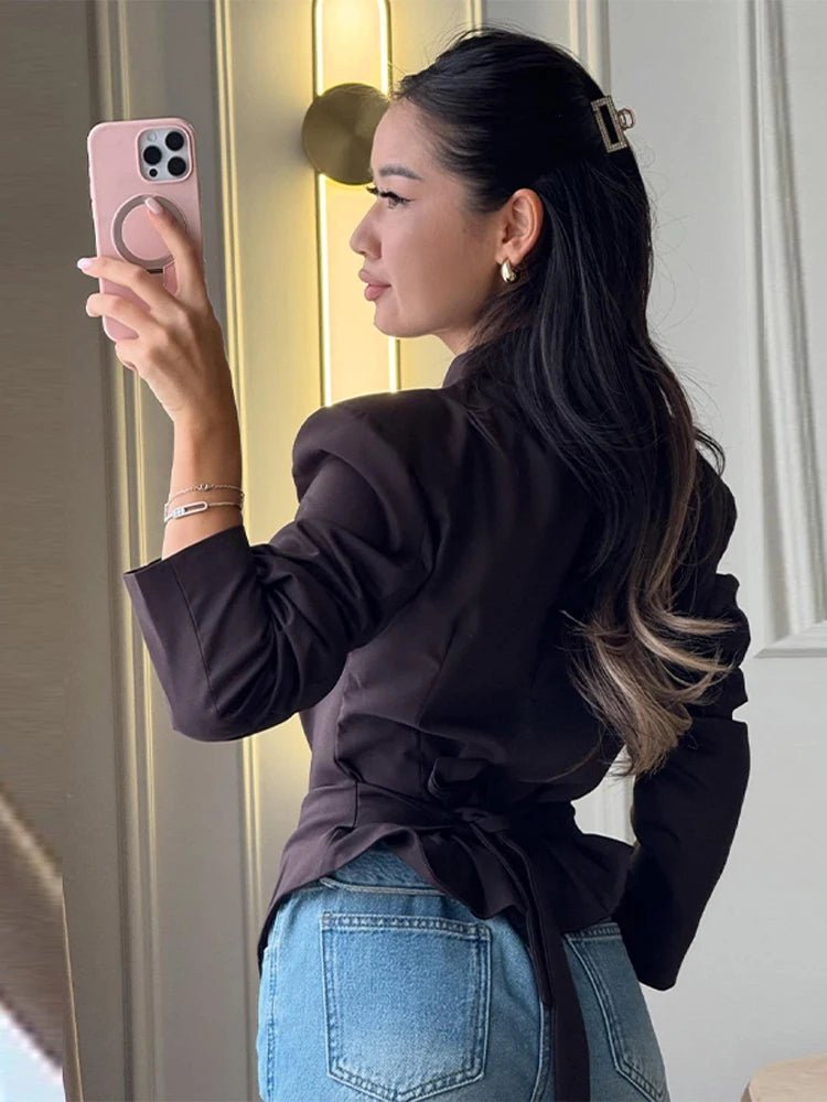 OLANE Fiona Structured Shoulder Cinched Blazer BrownSWomen's Coats & Jackets